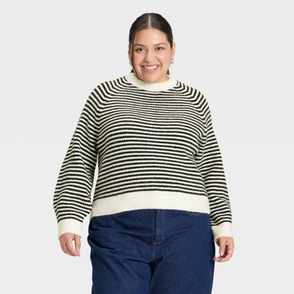 Women's Cozy Knit Crewneck Pullover Sweater - Multicolor Striped XXL